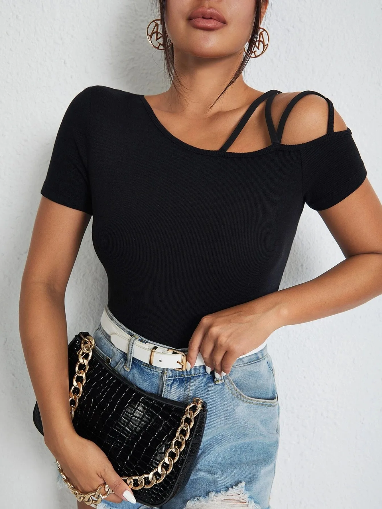 SHEIN BAE Solid Asymmetrical Neck Tee