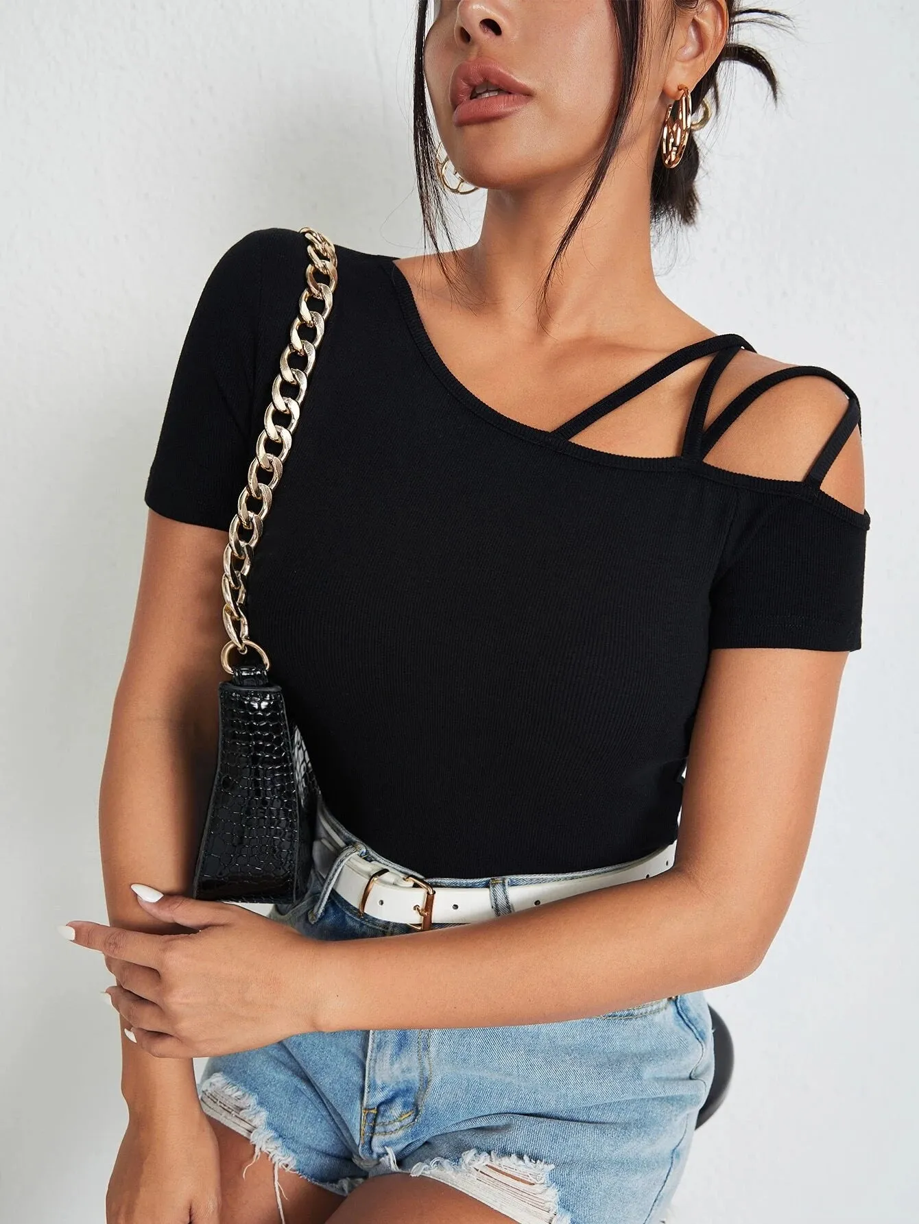 SHEIN BAE Solid Asymmetrical Neck Tee