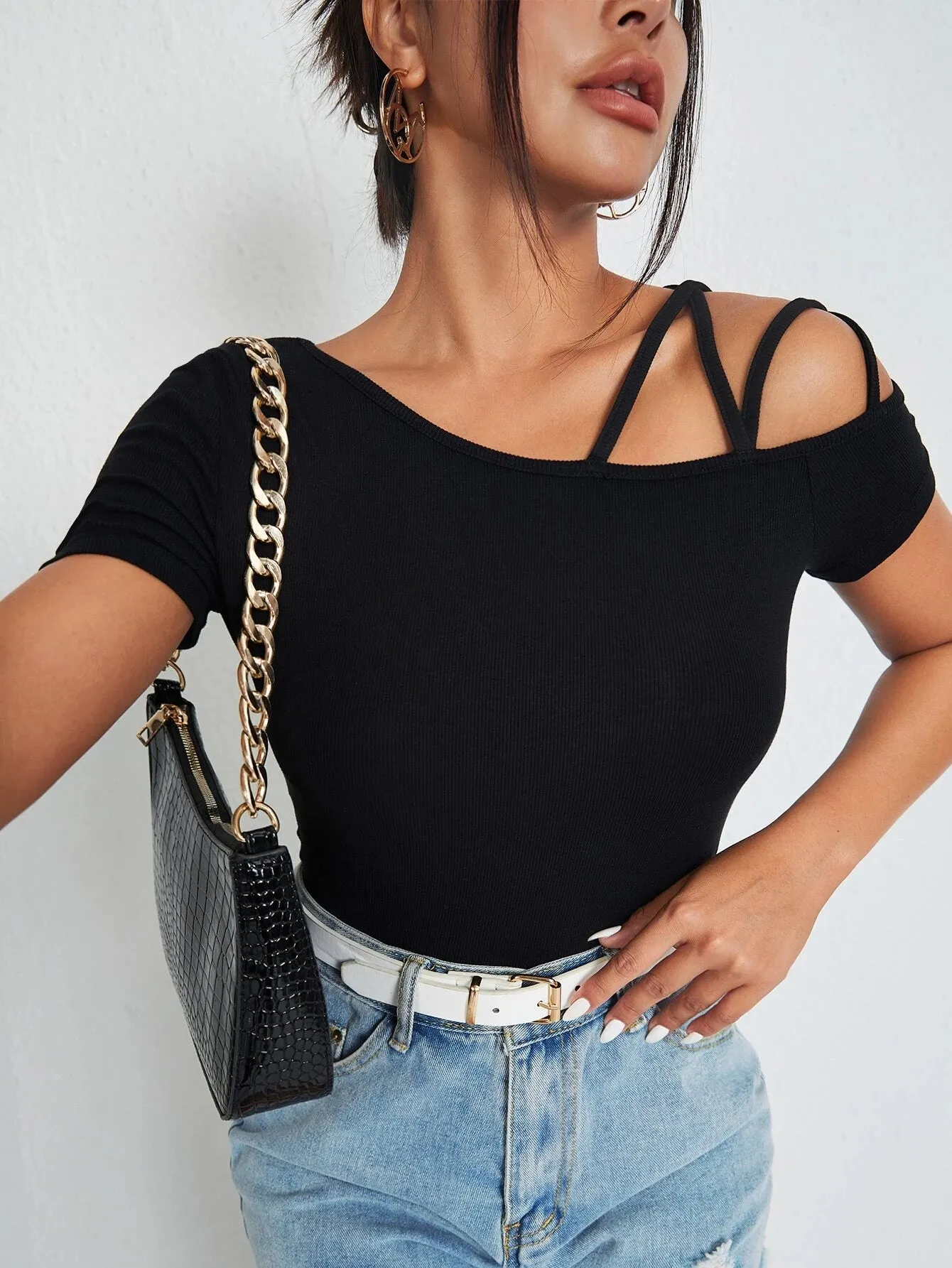 SHEIN BAE Solid Asymmetrical Neck Tee