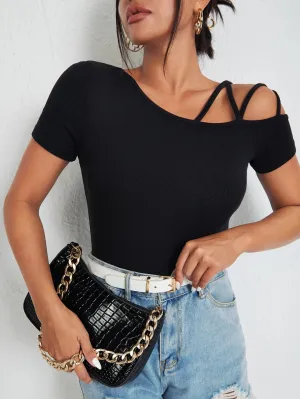 SHEIN BAE Solid Asymmetrical Neck Tee