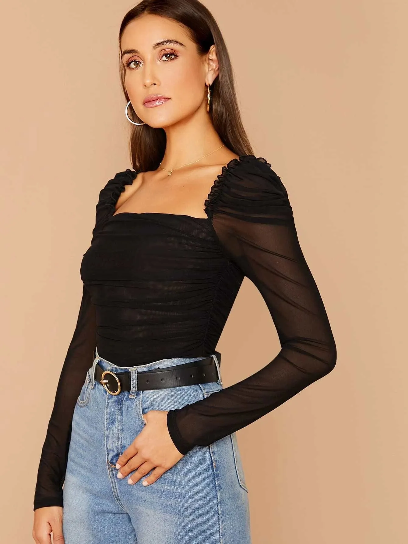 SHEIN BIZwear Sheer Mesh Ruched Ruffled Top