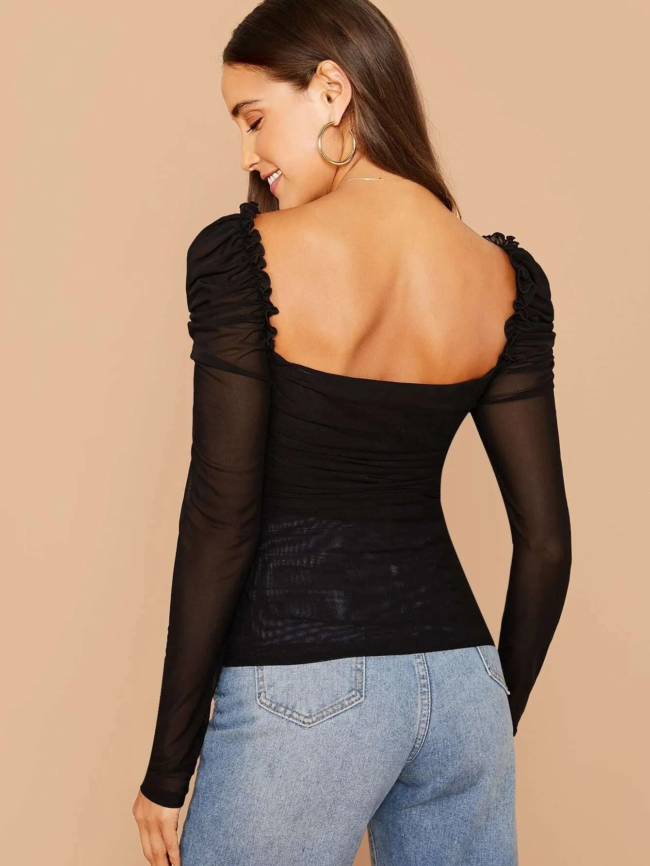 SHEIN BIZwear Sheer Mesh Ruched Ruffled Top