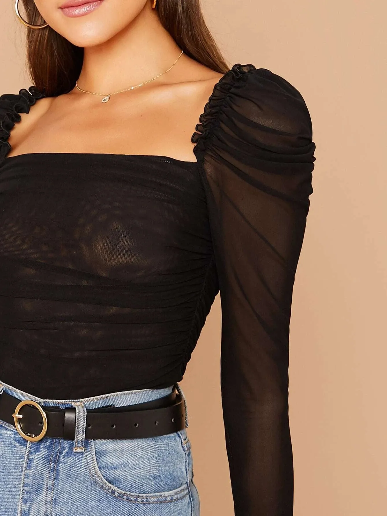 SHEIN BIZwear Sheer Mesh Ruched Ruffled Top