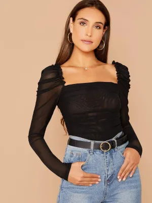 SHEIN BIZwear Sheer Mesh Ruched Ruffled Top