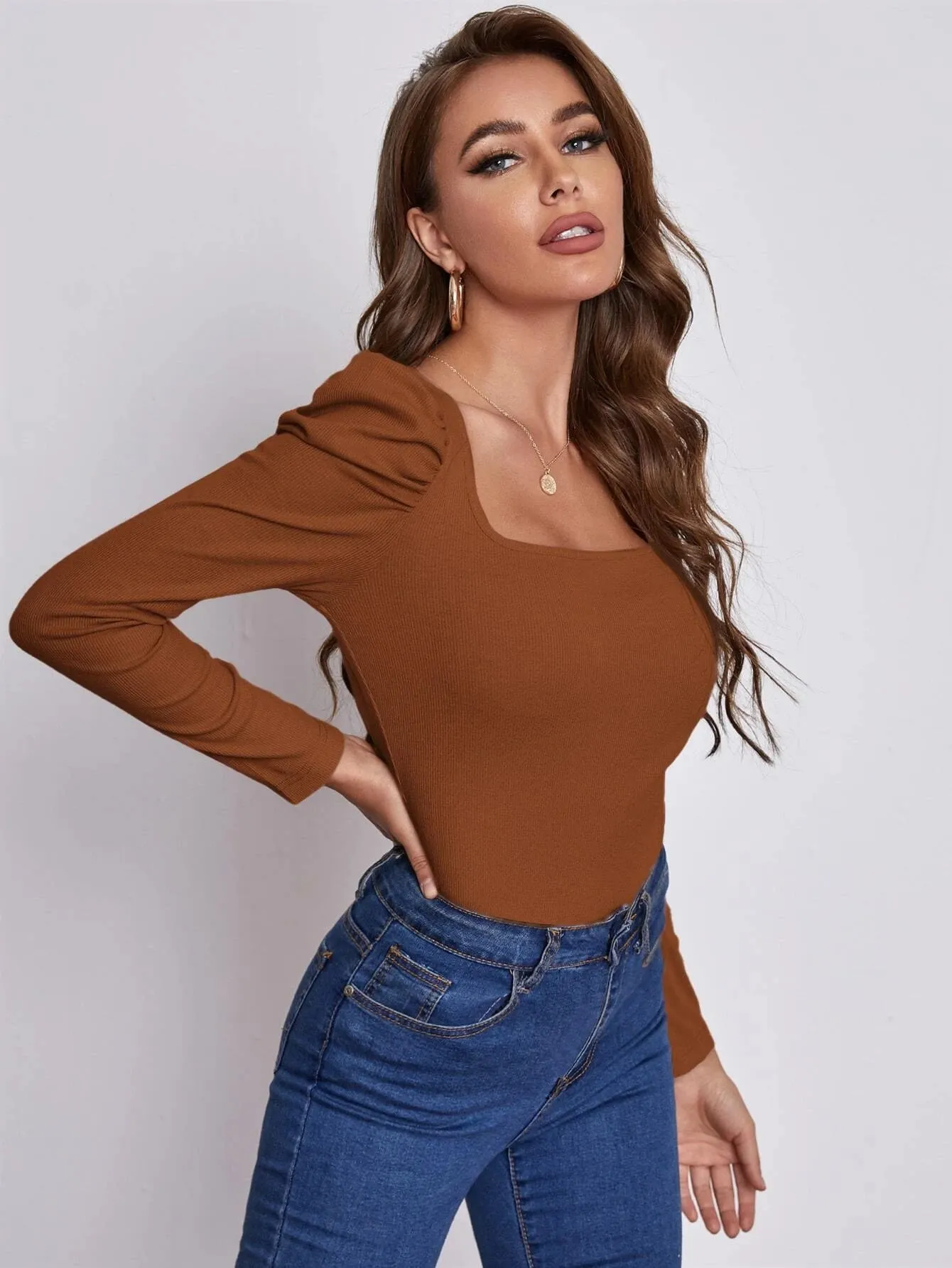 SHEIN EMERY ROSE Square Neck Leg-of-mutton Sleeve Top