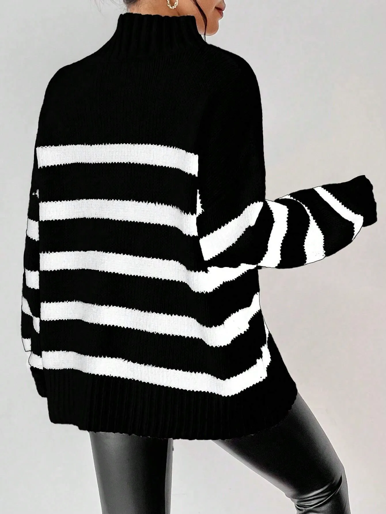 SHEIN Essnce Striped Pattern Mock Neck Drop Shoulder Sweater