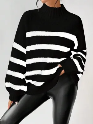 SHEIN Essnce Striped Pattern Mock Neck Drop Shoulder Sweater