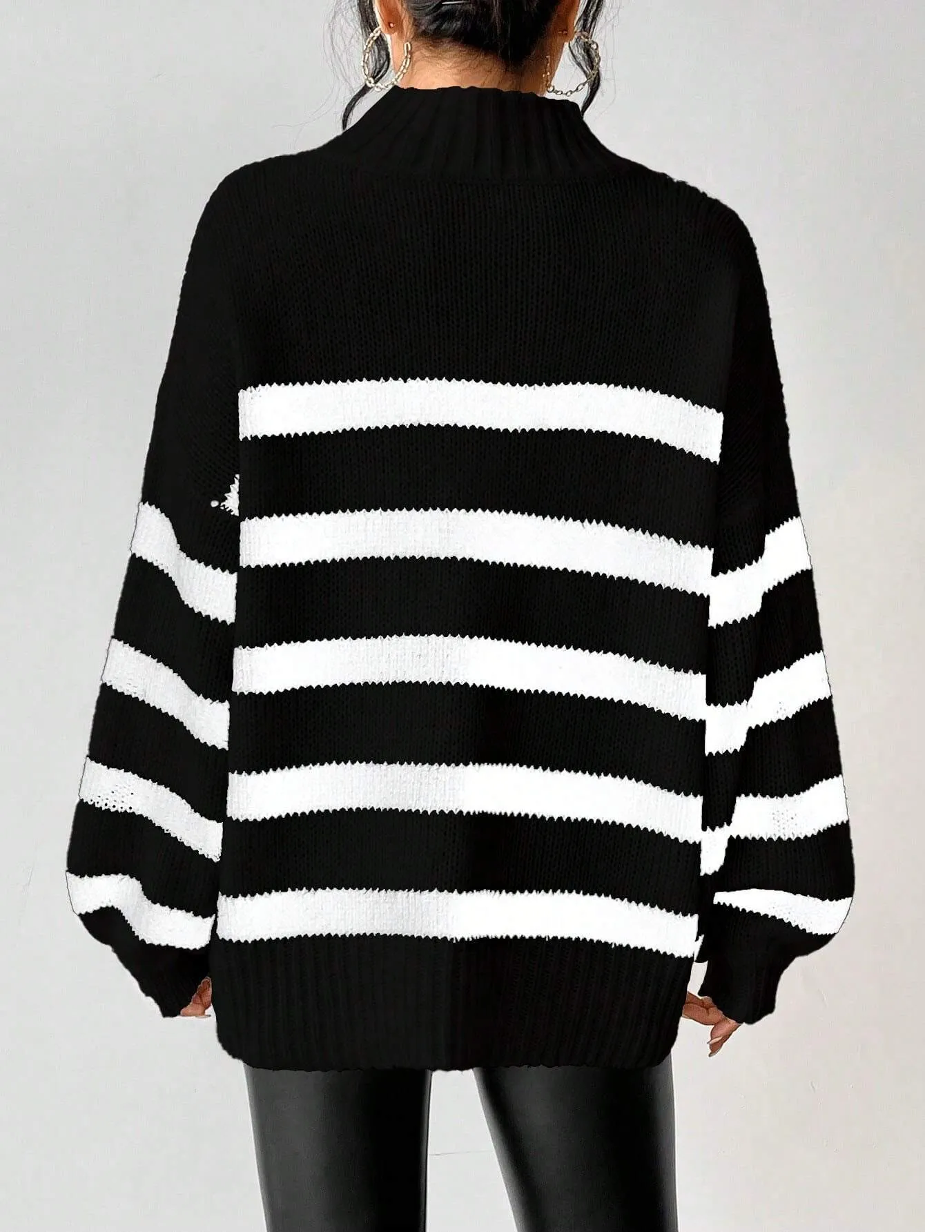 SHEIN Essnce Striped Pattern Mock Neck Drop Shoulder Sweater