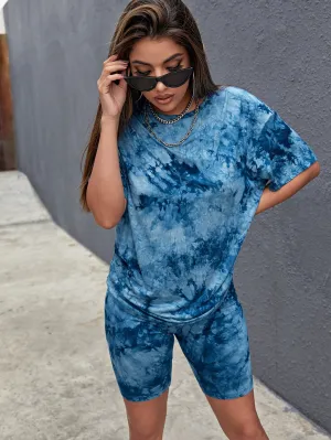 SHEIN EZwear Tie Dye Tee & Biker Shorts Set