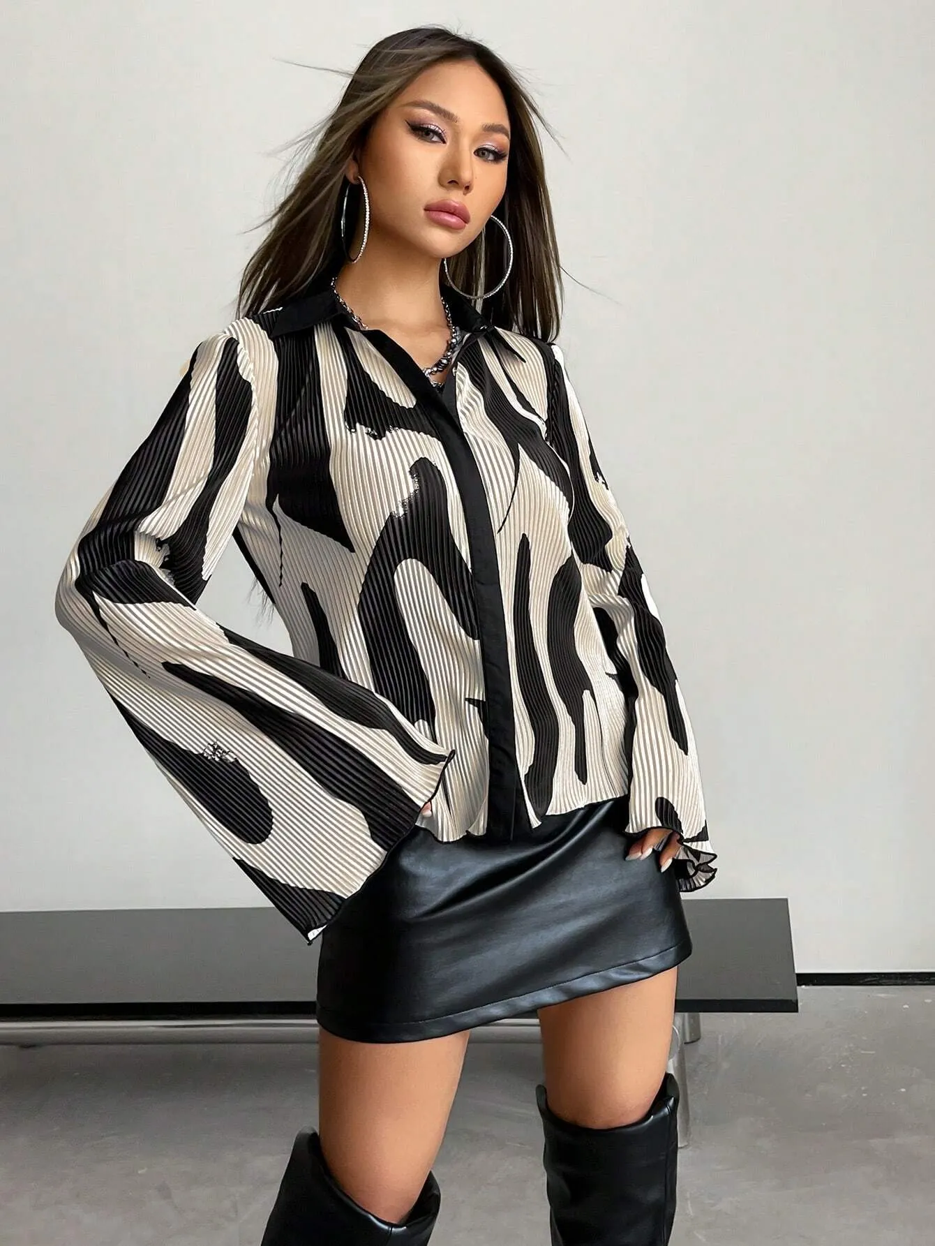 SHEIN ICON Allover Print Flounce Sleeve Spring Shirt