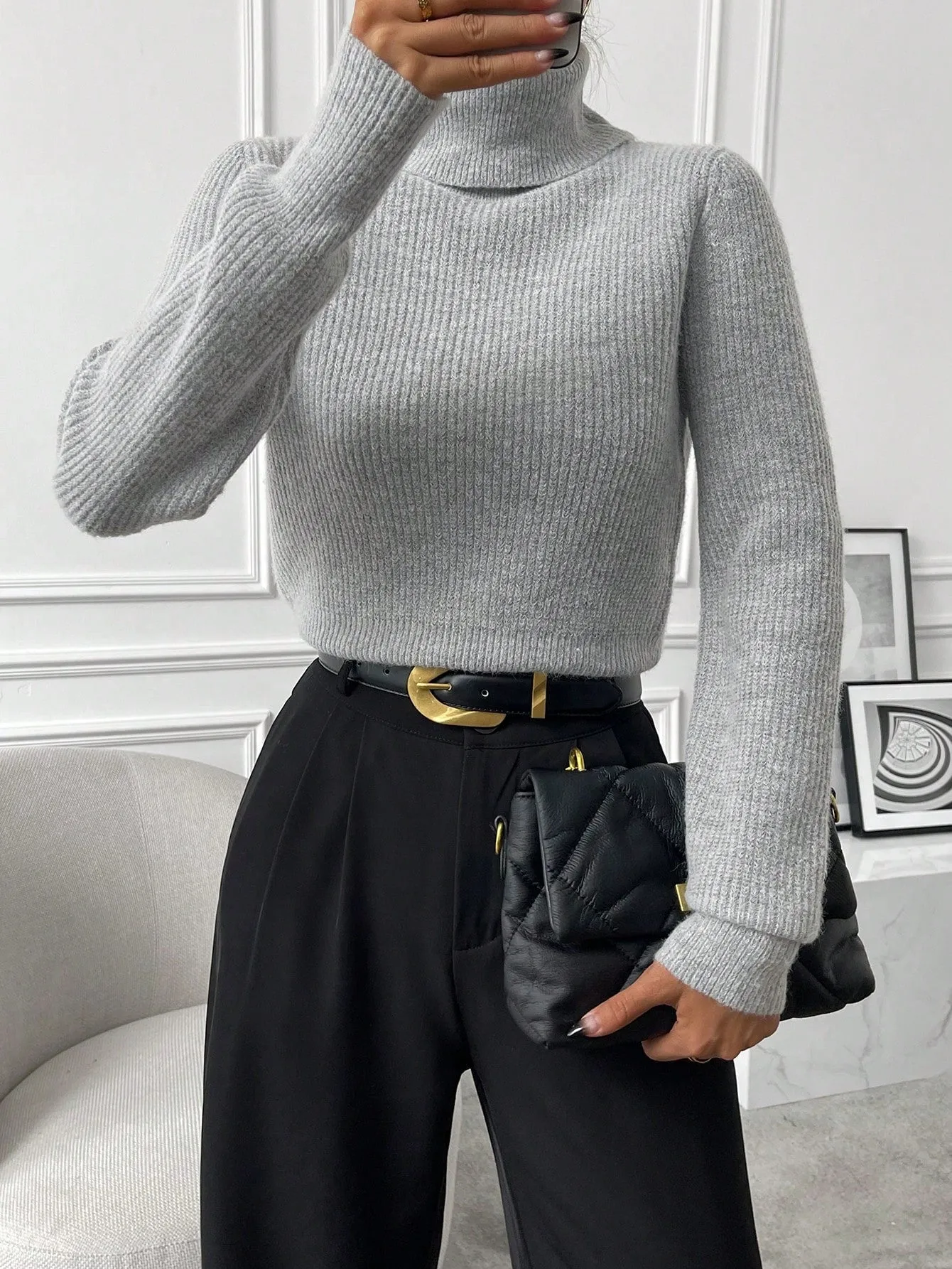 SHEIN Privé Turtleneck Ribbed Knit Turtleneck Sweater