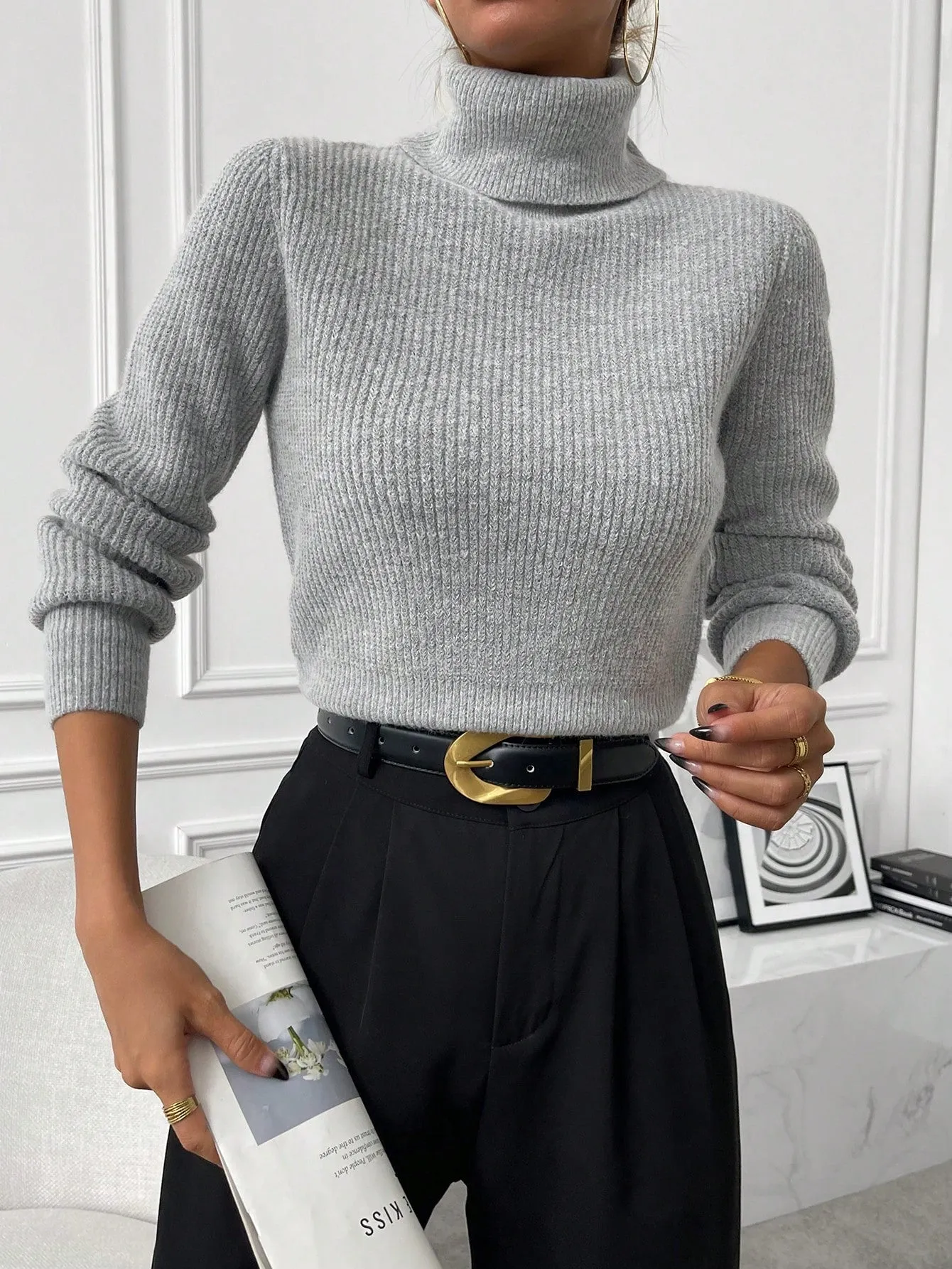 SHEIN Privé Turtleneck Ribbed Knit Turtleneck Sweater