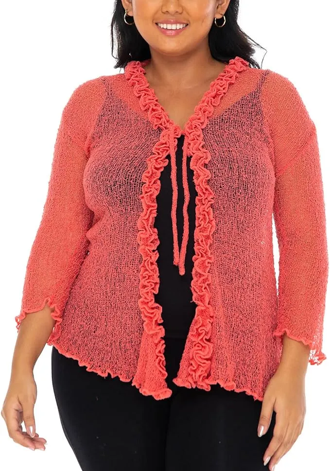 SHU-SHI Womens Plus Size Ruffle Shrug Shrug Tie Top Open Front Cardigan Lightweight Knit XL 2X 3X 4X Bolero Sweater