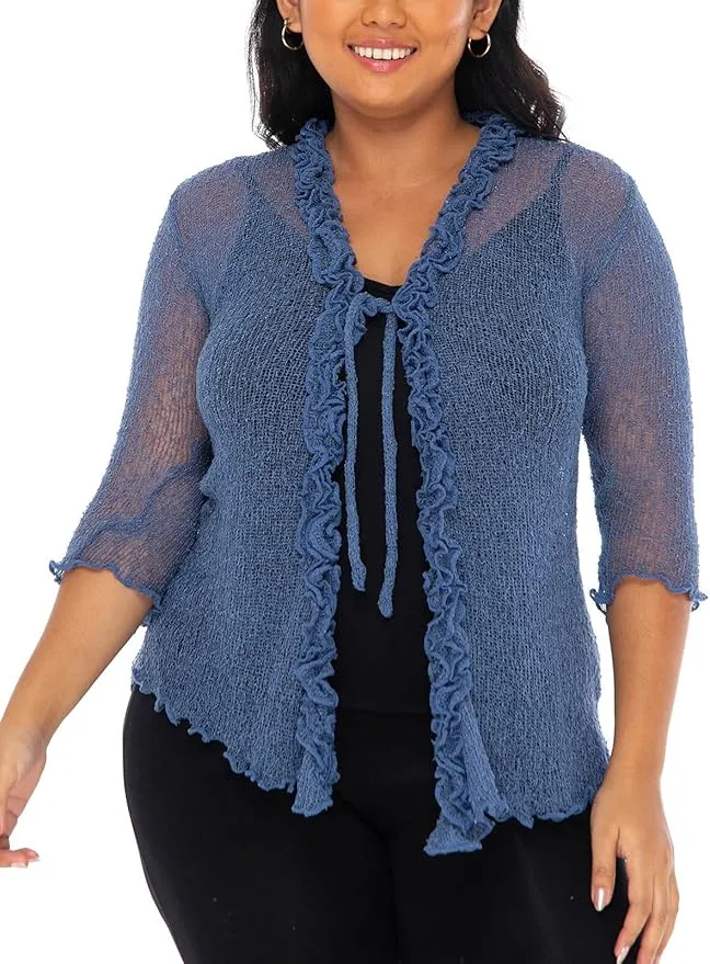 SHU-SHI Womens Plus Size Ruffle Shrug Shrug Tie Top Open Front Cardigan Lightweight Knit XL 2X 3X 4X Bolero Sweater