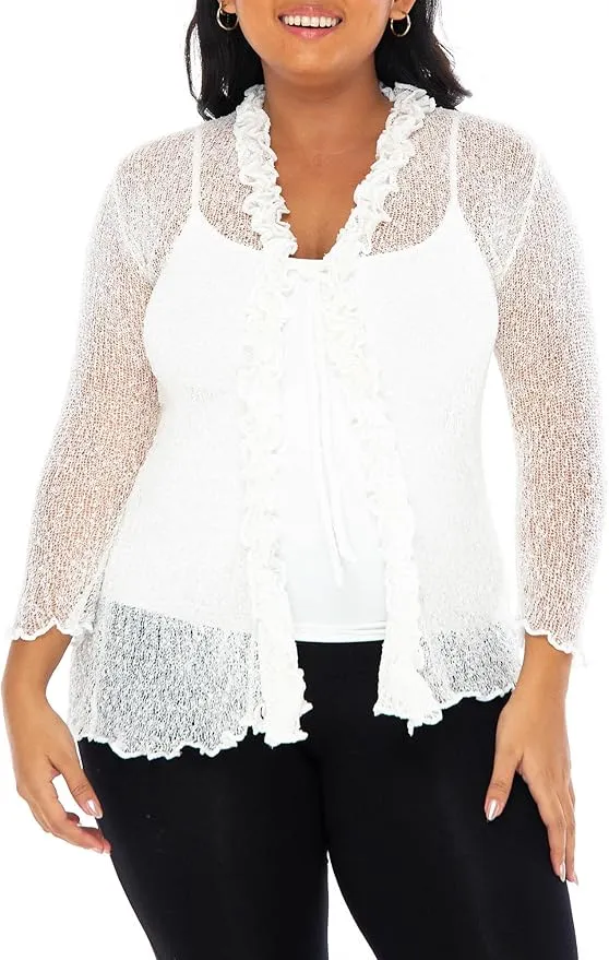 SHU-SHI Womens Plus Size Ruffle Shrug Shrug Tie Top Open Front Cardigan Lightweight Knit XL 2X 3X 4X Bolero Sweater