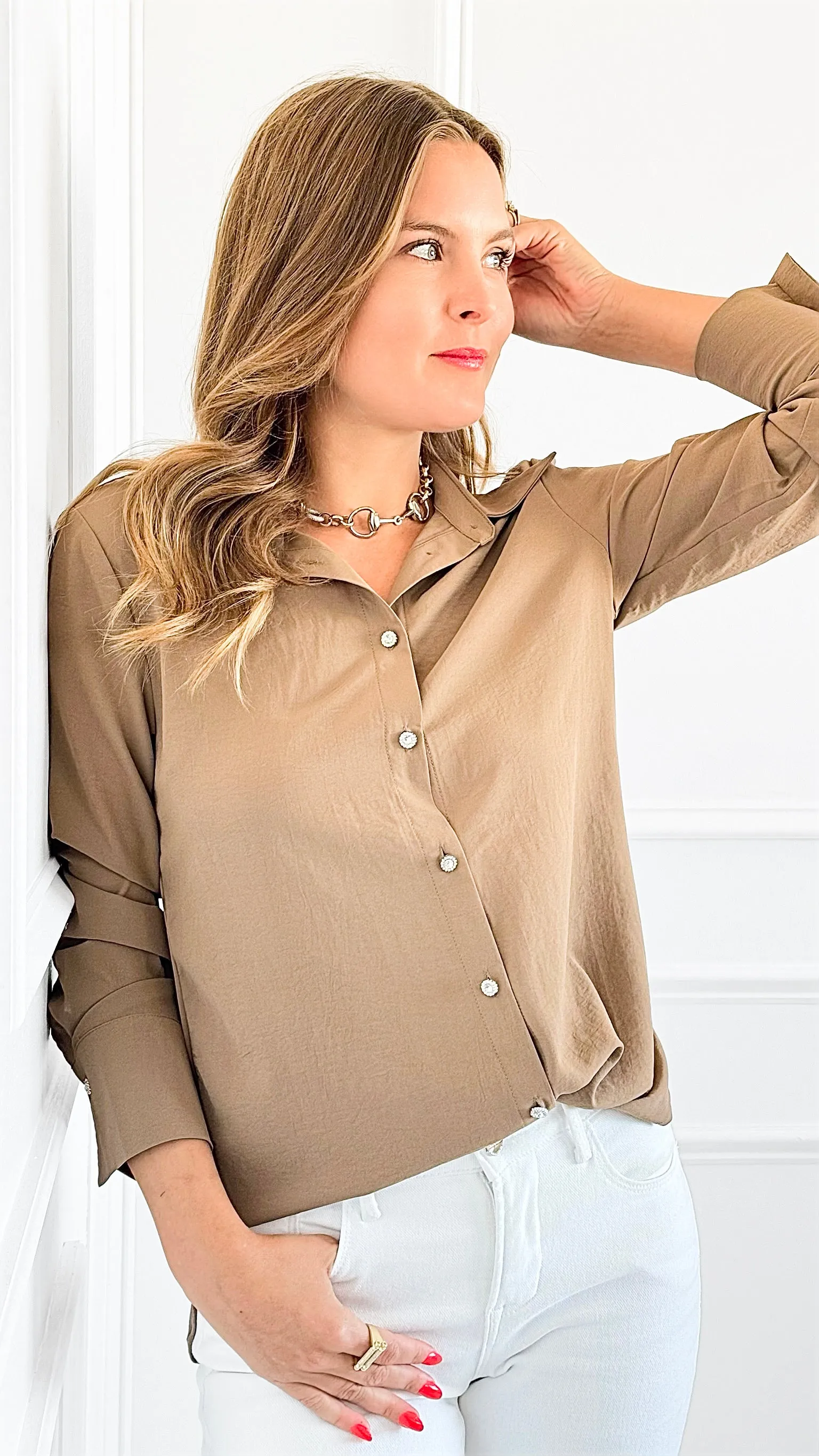 Sierra Luxe Button Down Top - Tan