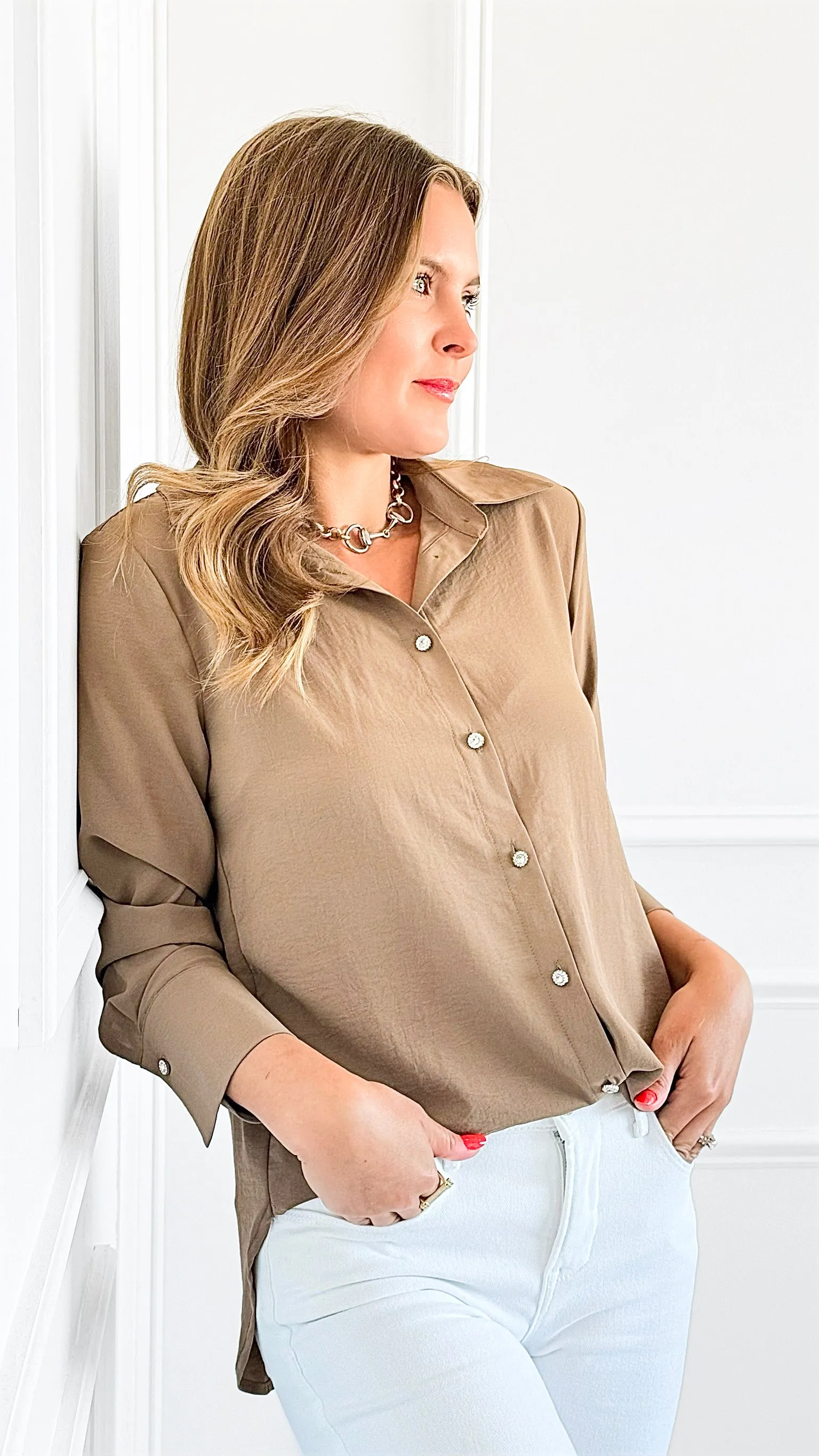 Sierra Luxe Button Down Top - Tan