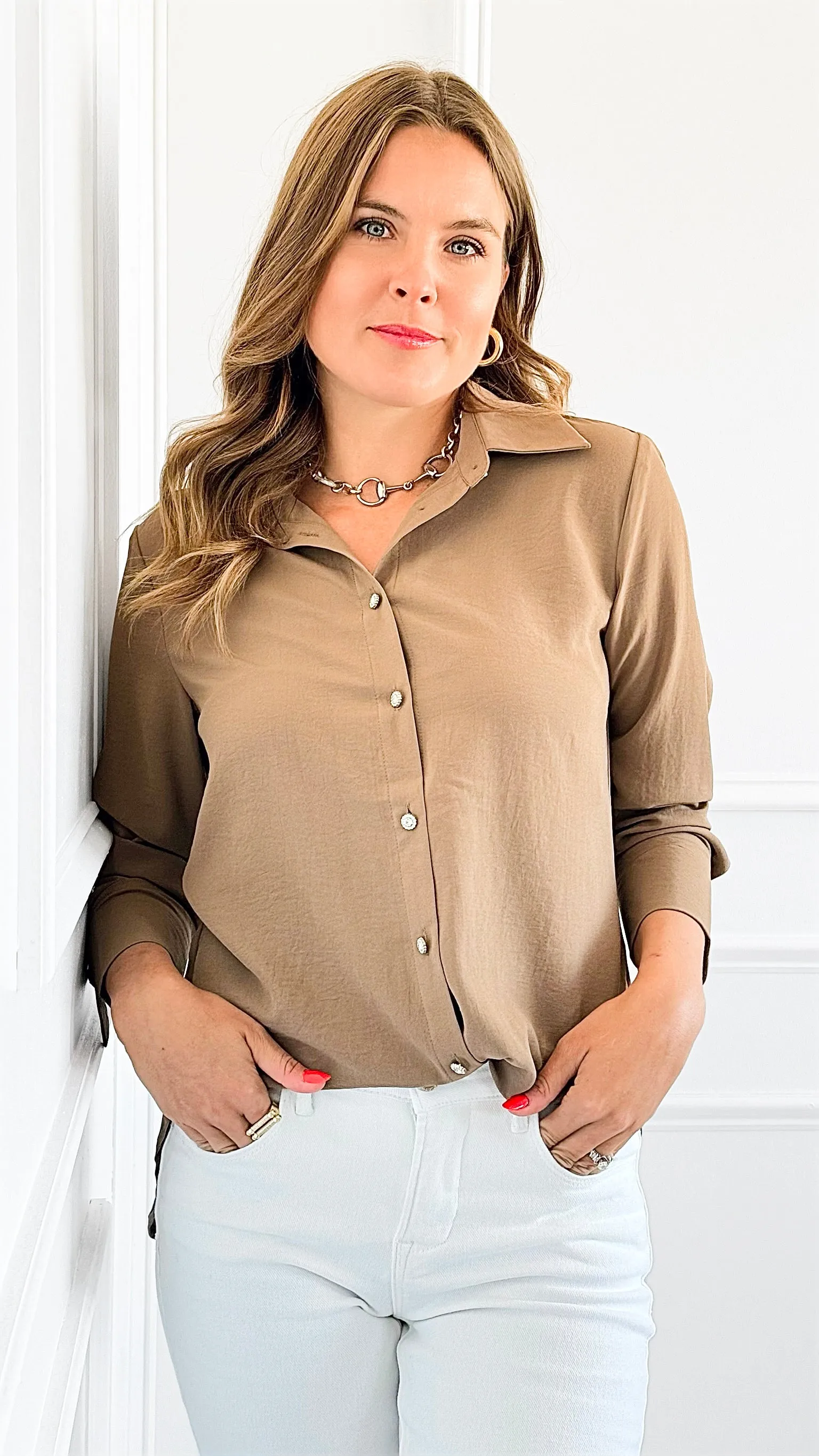 Sierra Luxe Button Down Top - Tan