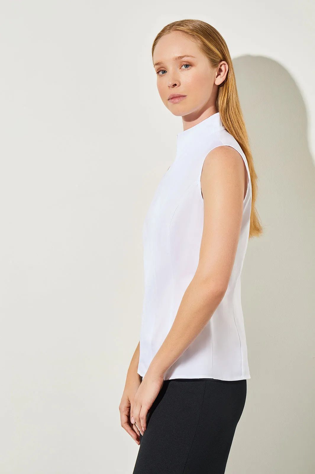 Sleeveless Zip-Up Stretch Cotton Shirt, White