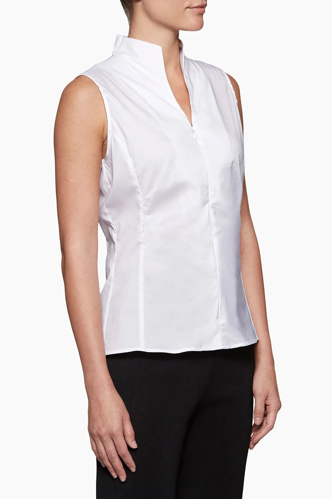 Sleeveless Zip-Up Stretch Cotton Shirt, White