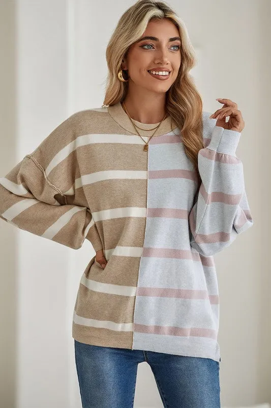 Striped Colorblock Drop Shoulder Sweater