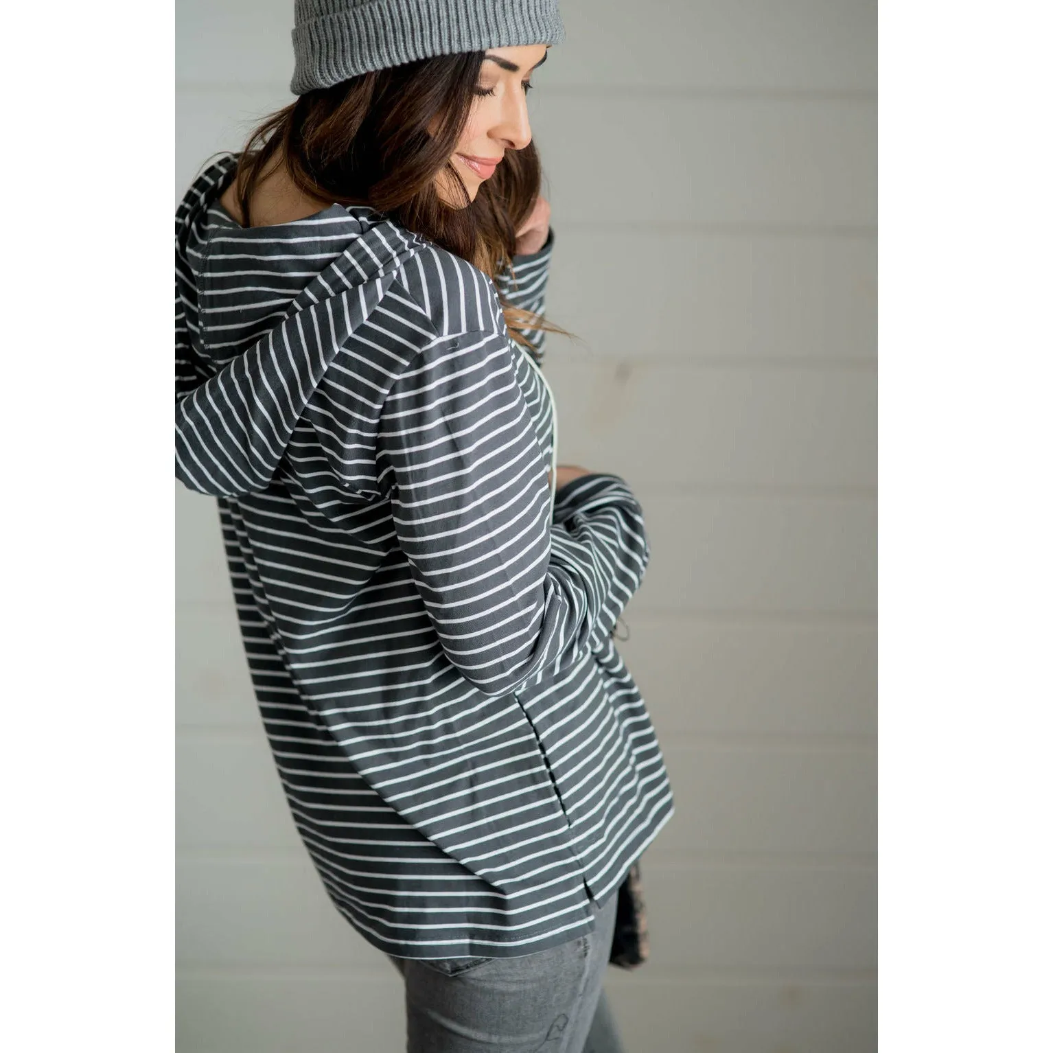 Striped Pocket Hoodie - Charcoal