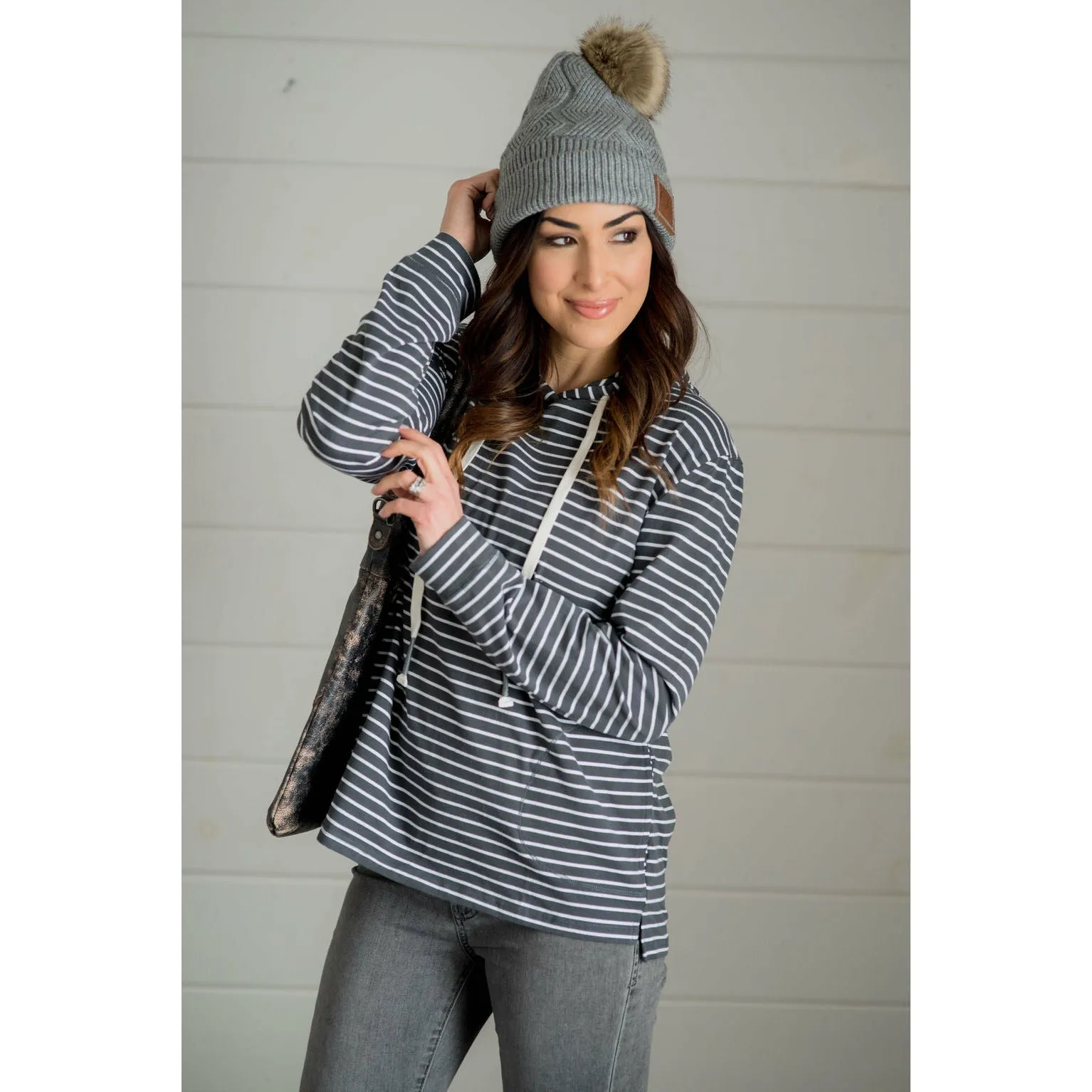 Striped Pocket Hoodie - Charcoal