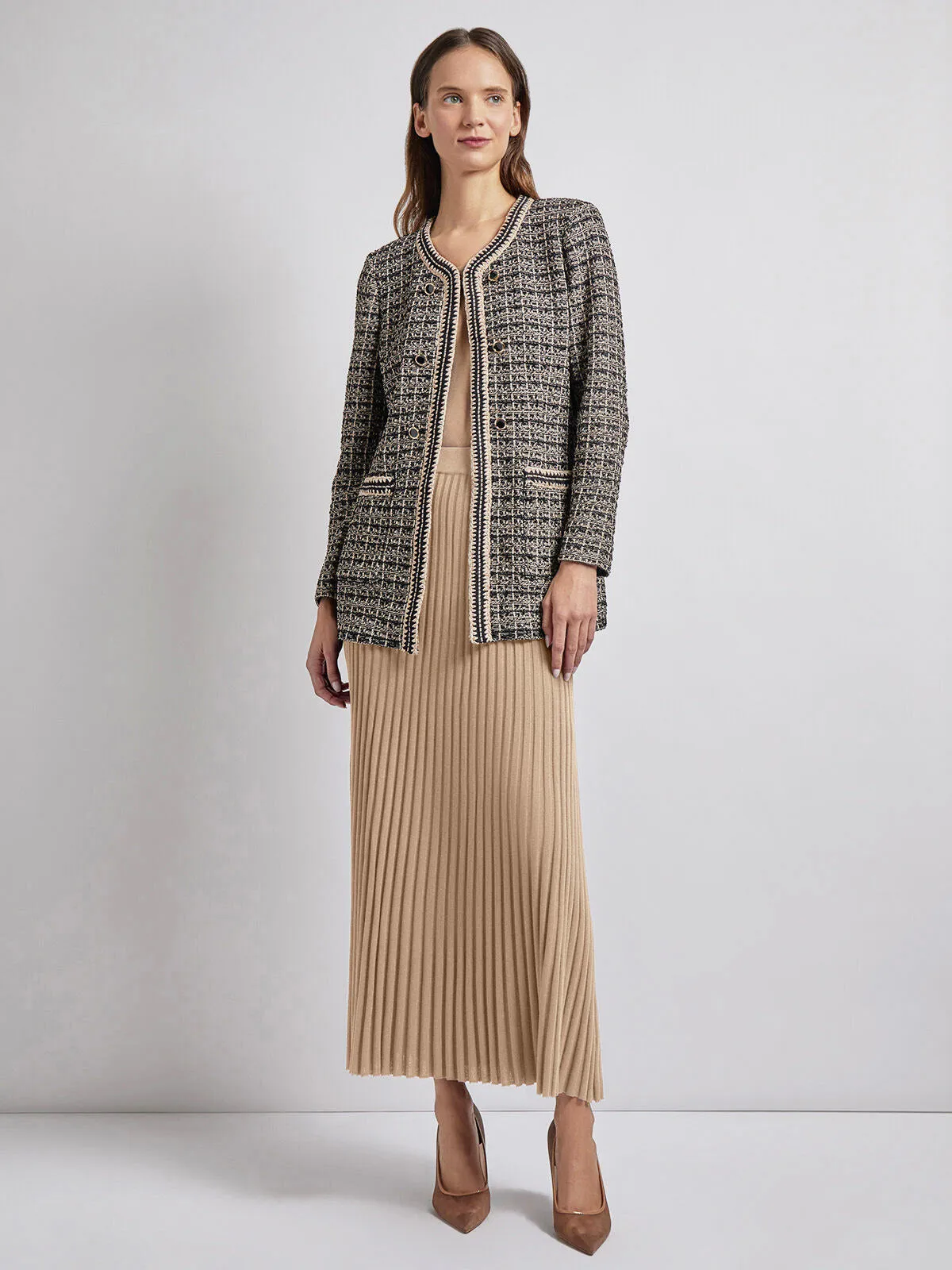 Tailored Fit Contrast Trim Tweed Knit Jacket