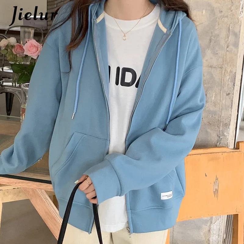 Wenkouban Autumn Chic Zip-Up Hoodies Female Casual Street Loose Thin Blue Gray Apricot Sweatshirt Pocket Hooded Women Cardigans