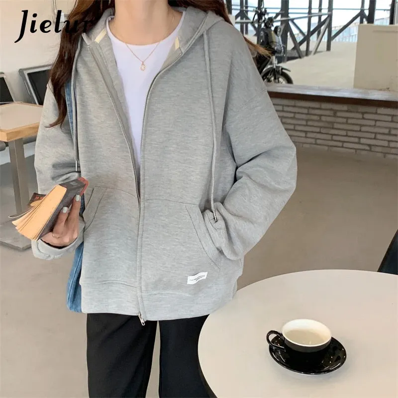 Wenkouban Autumn Chic Zip-Up Hoodies Female Casual Street Loose Thin Blue Gray Apricot Sweatshirt Pocket Hooded Women Cardigans