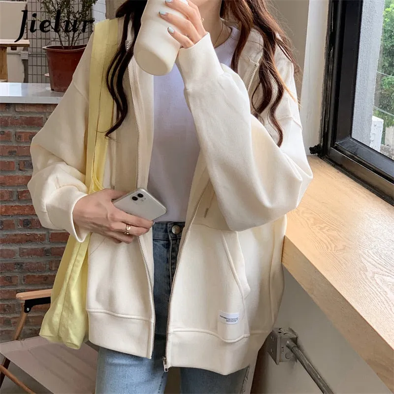 Wenkouban Autumn Chic Zip-Up Hoodies Female Casual Street Loose Thin Blue Gray Apricot Sweatshirt Pocket Hooded Women Cardigans