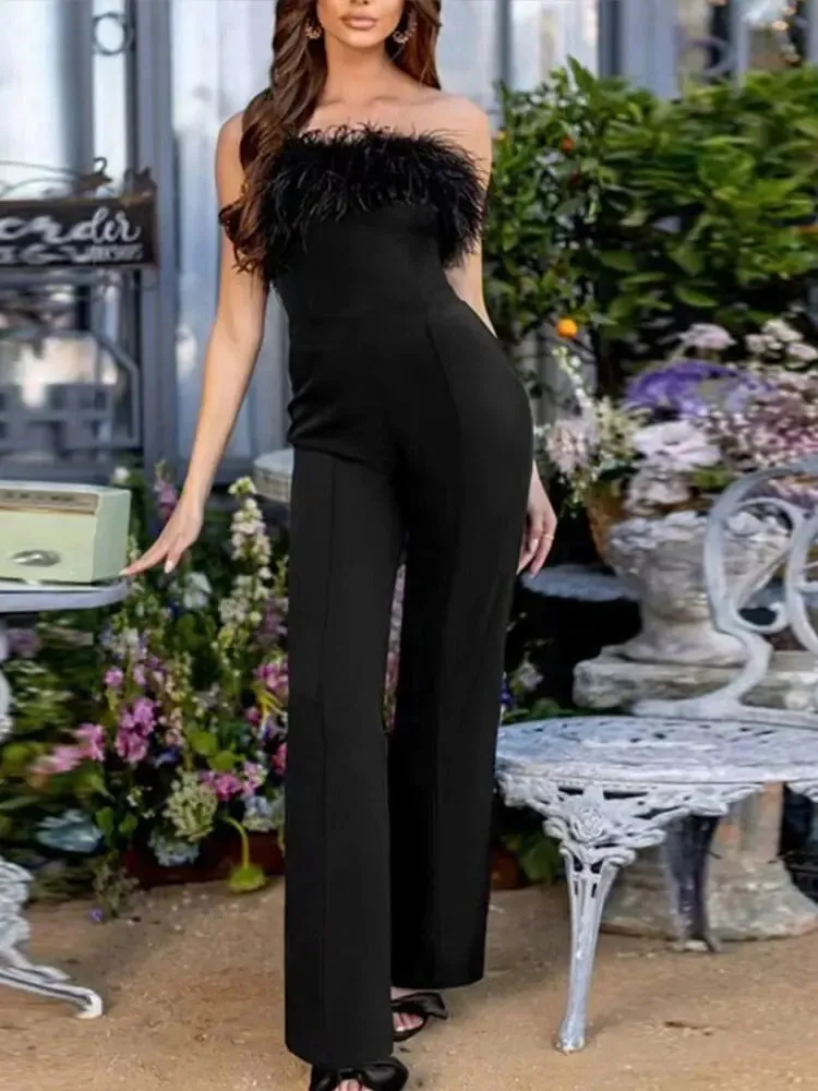 Women Sequined Feather-paneled Jumpsuit^