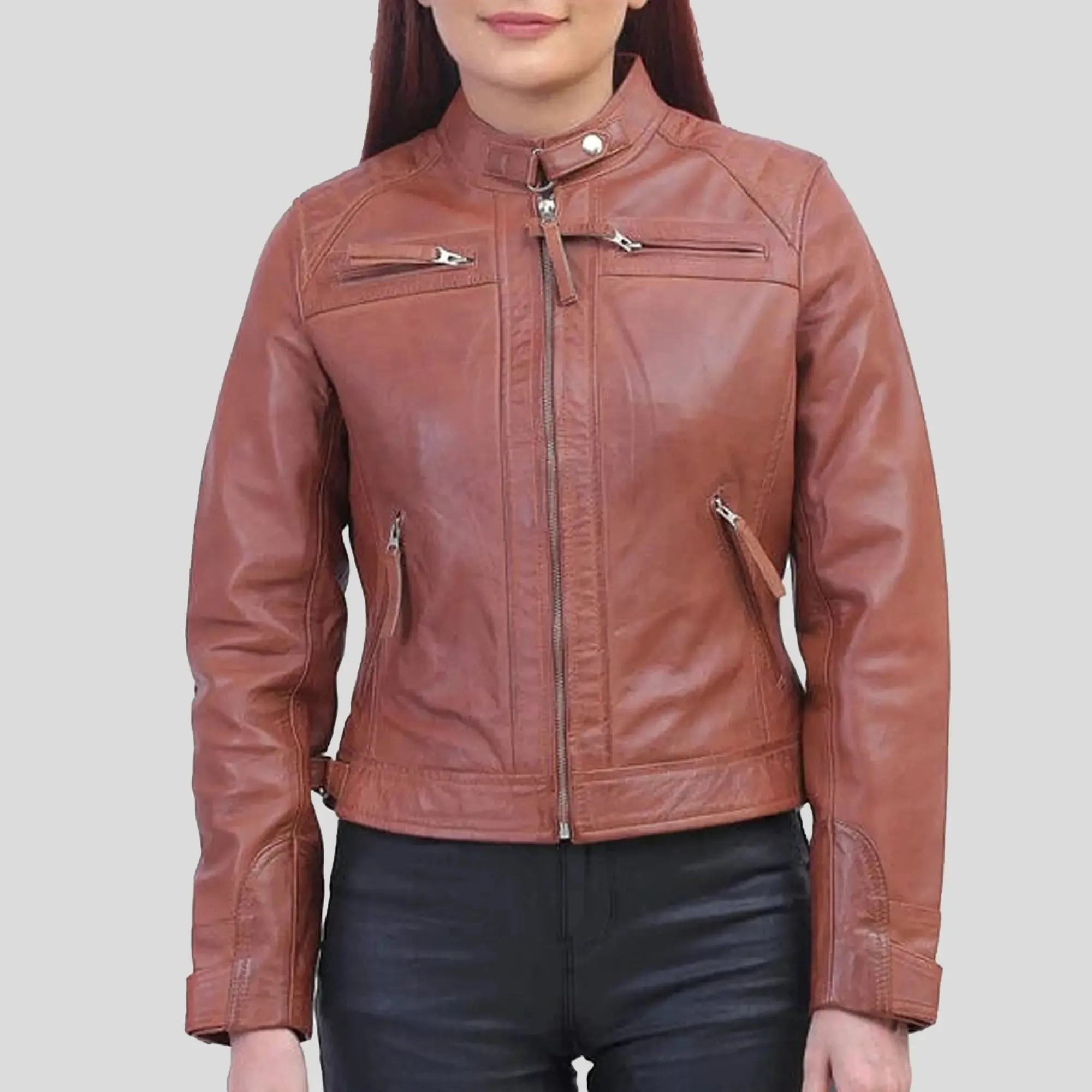 Women Tan Brown Biker Jacket