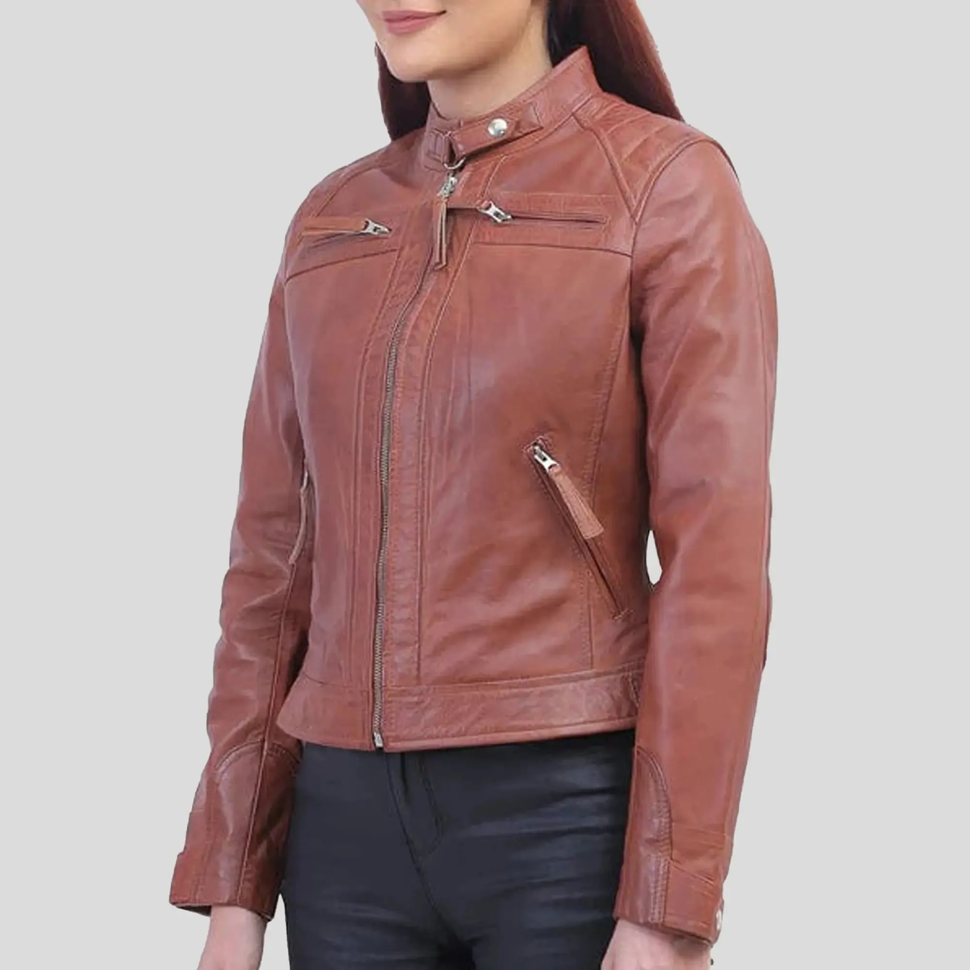 Women Tan Brown Biker Jacket