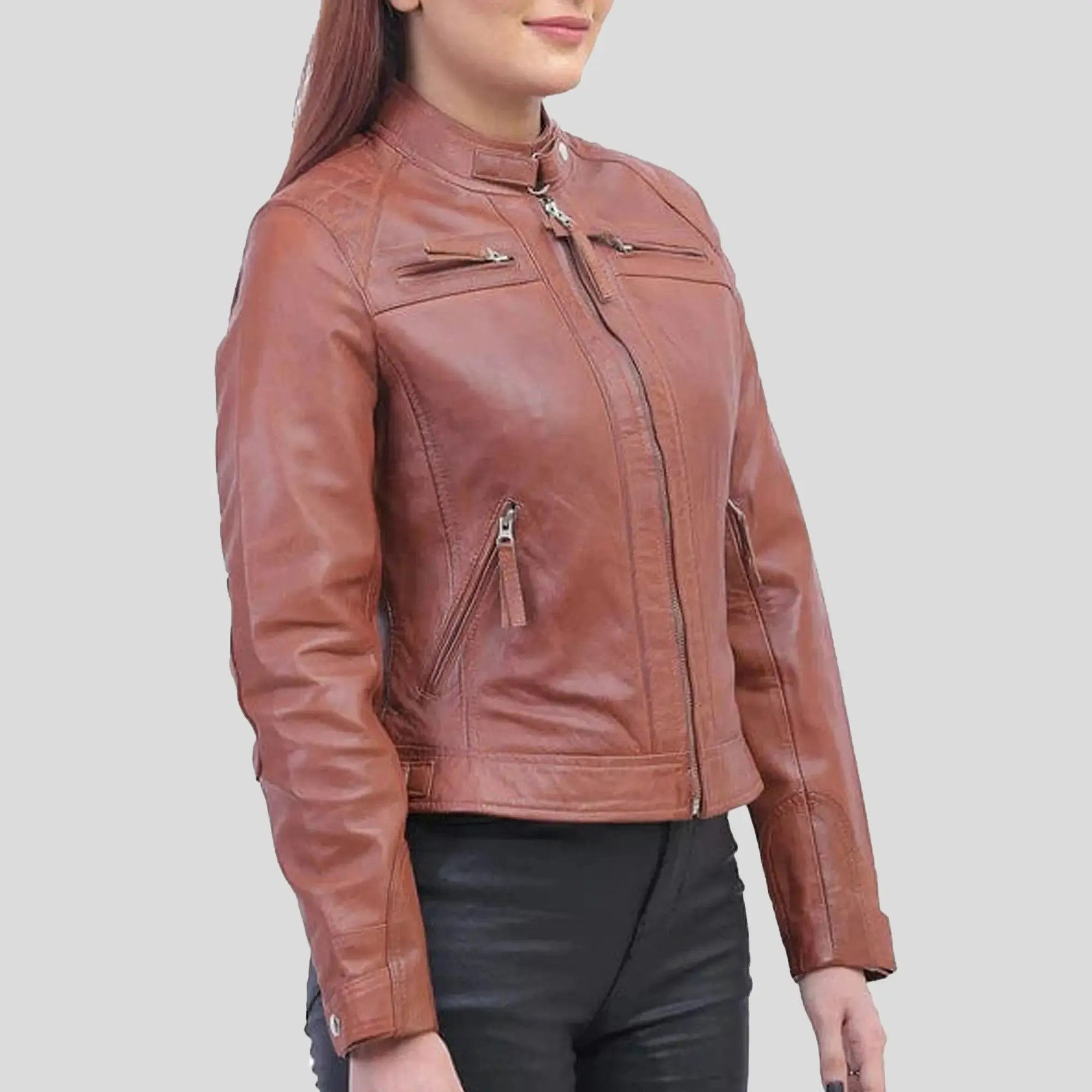 Women Tan Brown Biker Jacket