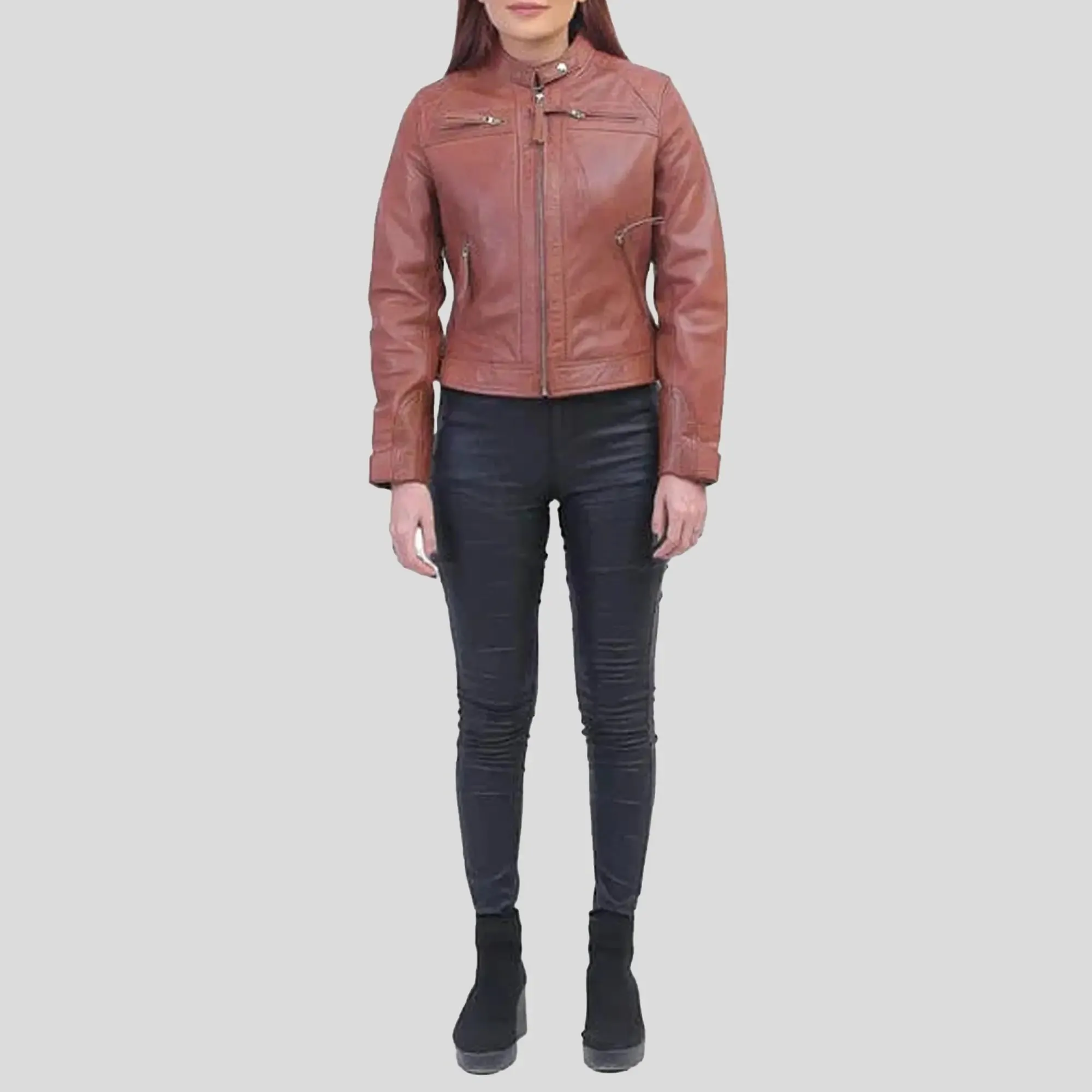 Women Tan Brown Biker Jacket